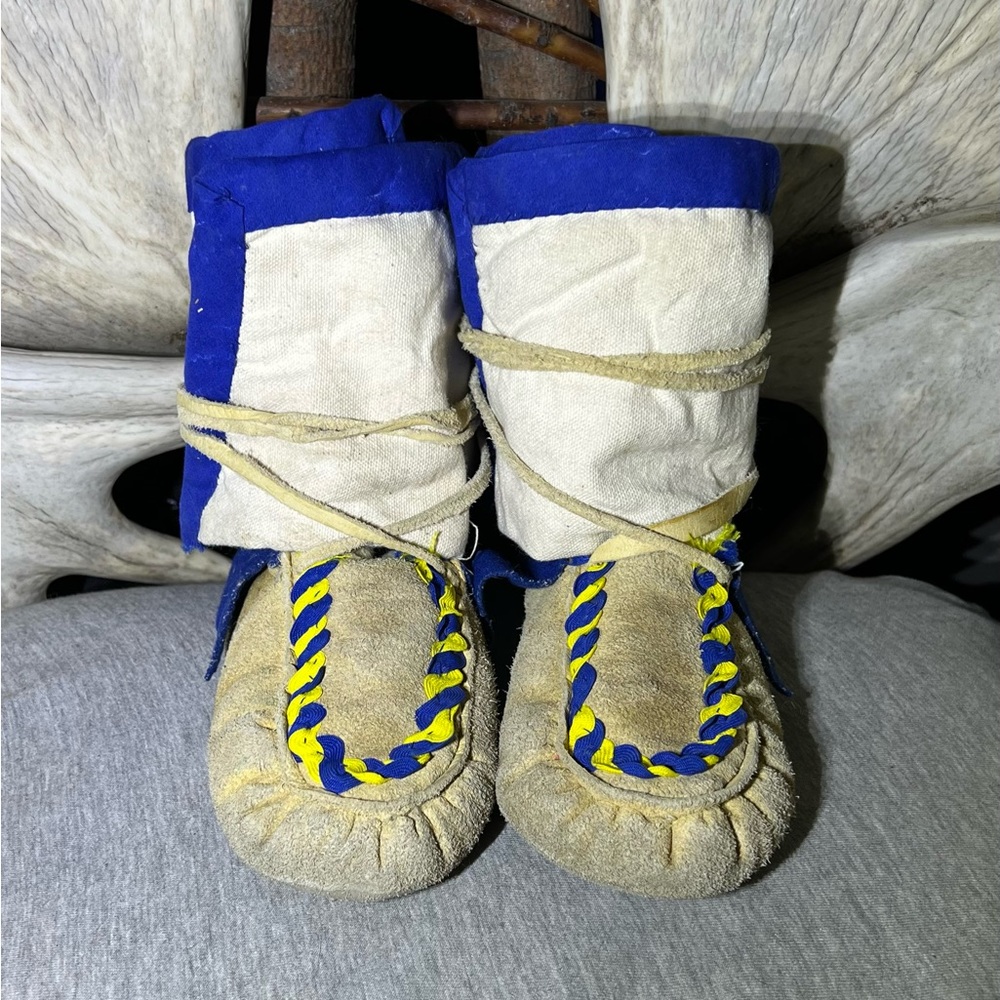 Blue and yellow cloth and moosehid mukluks